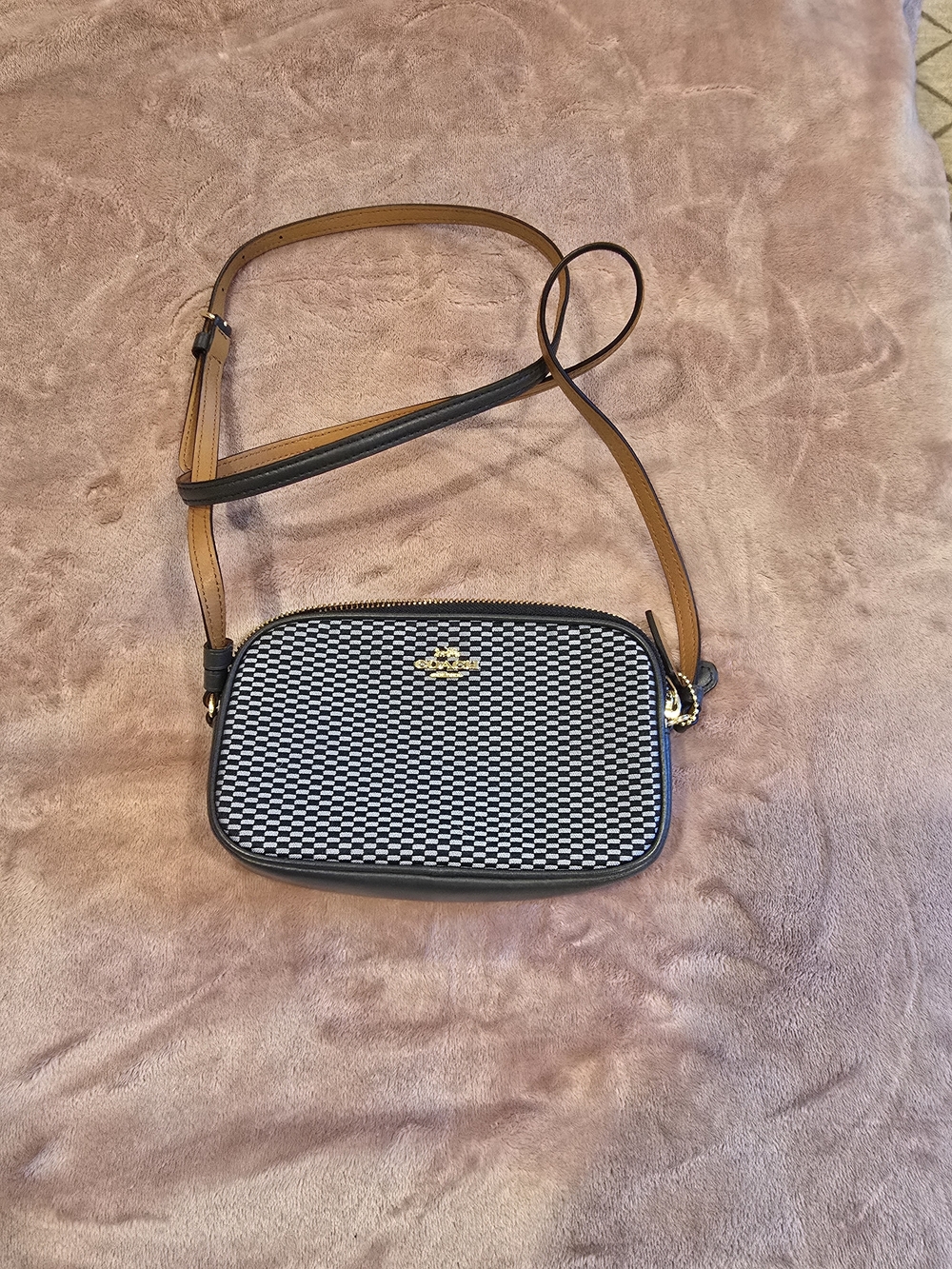 Coach Black & White Woven Crossbody with Tan Strap and Gold Hardware